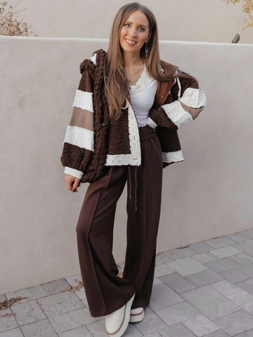 POL Brown & Cream Hooded Quilted Patchwork Jacket Shacket Women Button Front Sm